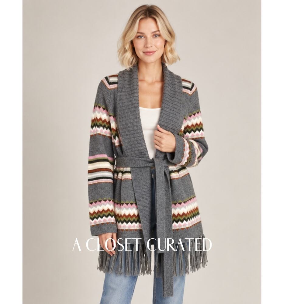 Carolina K Fringe Alpaca Cardigan Sweater XS Grey